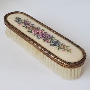 Vintage Floral Embroidered Vanity Brush Clothes Brush Petit Point Brass Trim